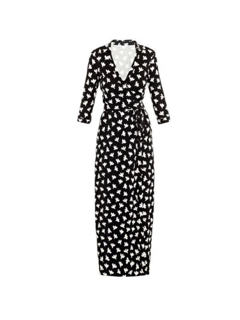 Diane Von Furstenberg Black Wrap Maxi Dress with White Bird Motif